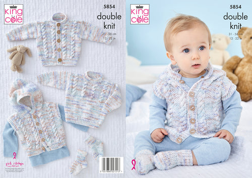 King Cole DK Knitting Pattern - Baby Jacket Gilet Sweater & Socks (5854)