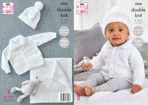 King Cole DK Knitting Pattern - Baby Cardigan Hat & Blanket (5926)