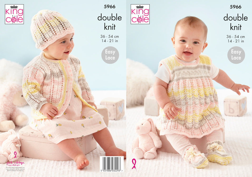 King Cole DK Knitting Pattern  Baby Cardigan Pinafore & Bootees (5966)