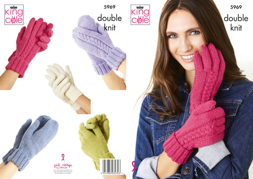 King Cole Double Knit Knitting Pattern - Ladies Mittens & Gloves (5969)