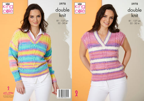 King Cole Double Knit Knitting Pattern - Ladies Sweater & Top (5978)