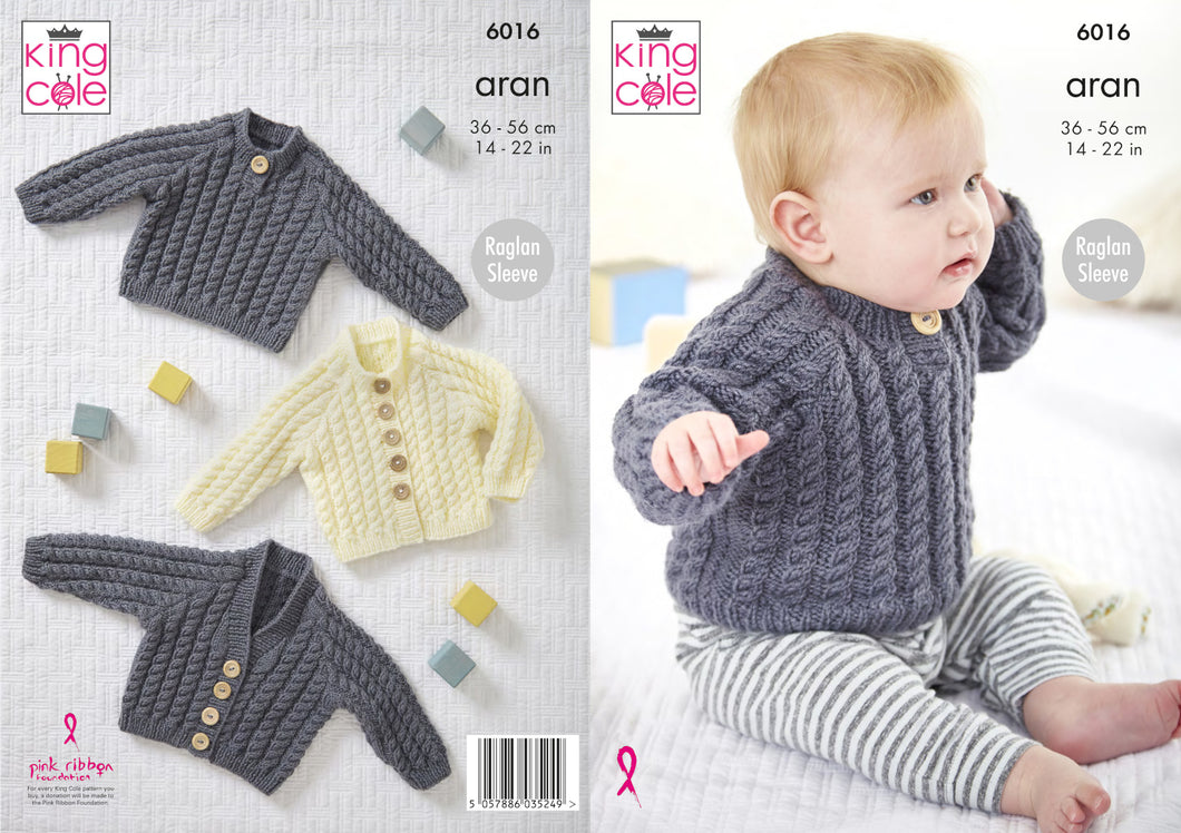 King Cole Aran Knitting Pattern - Baby Cardigans & Sweater (6016)