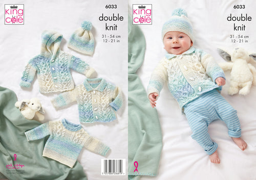 King Cole DK Knitting Pattern - Baby Jacket Sweater Cardigan & Hat (6033)