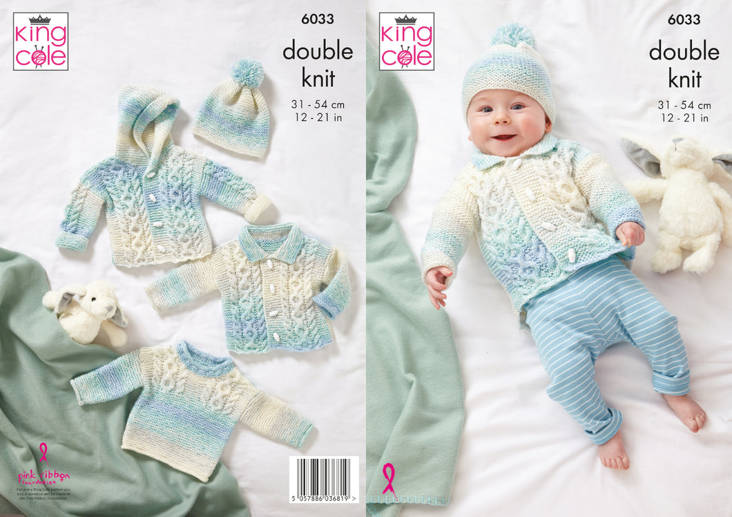 King Cole DK Knitting Pattern - Baby Jacket Sweater Cardigan & Hat (6033)