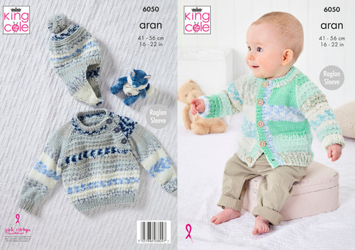 King Cole Aran Knitting Pattern - Baby Sweater Jacket & Hat (6050)