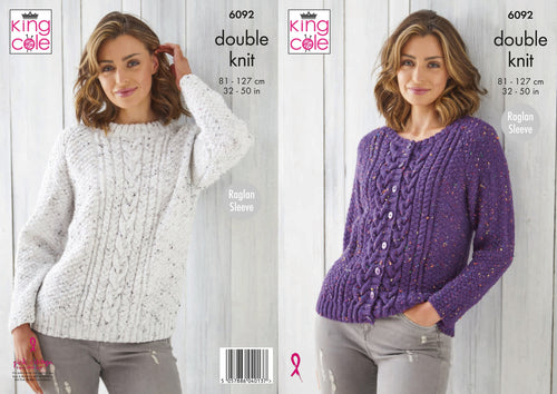 King Cole Double Knitting Pattern - Ladies Raglan Cardigan & Sweater (6092)