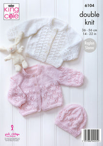 King Cole Double Knit Knitting Pattern 6104 - Raglan Jacket, Top, Cardigan & Hat