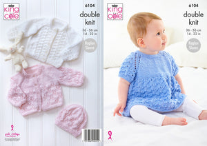 King Cole Double Knit Knitting Pattern 6104 - Raglan Jacket, Top, Cardigan & Hat