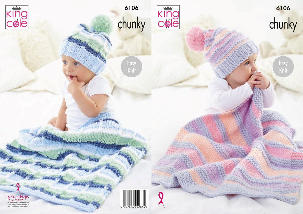 King Cole Chunky Knitting Pattern - Babies Blankets & Hat (6106)