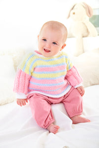 King Cole Chunky Knitting Pattern - Babies Cardigan, Hat & Top (6107)