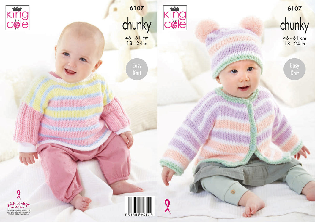 King Cole Chunky Knitting Pattern - Babies Cardigan, Hat & Top (6107)