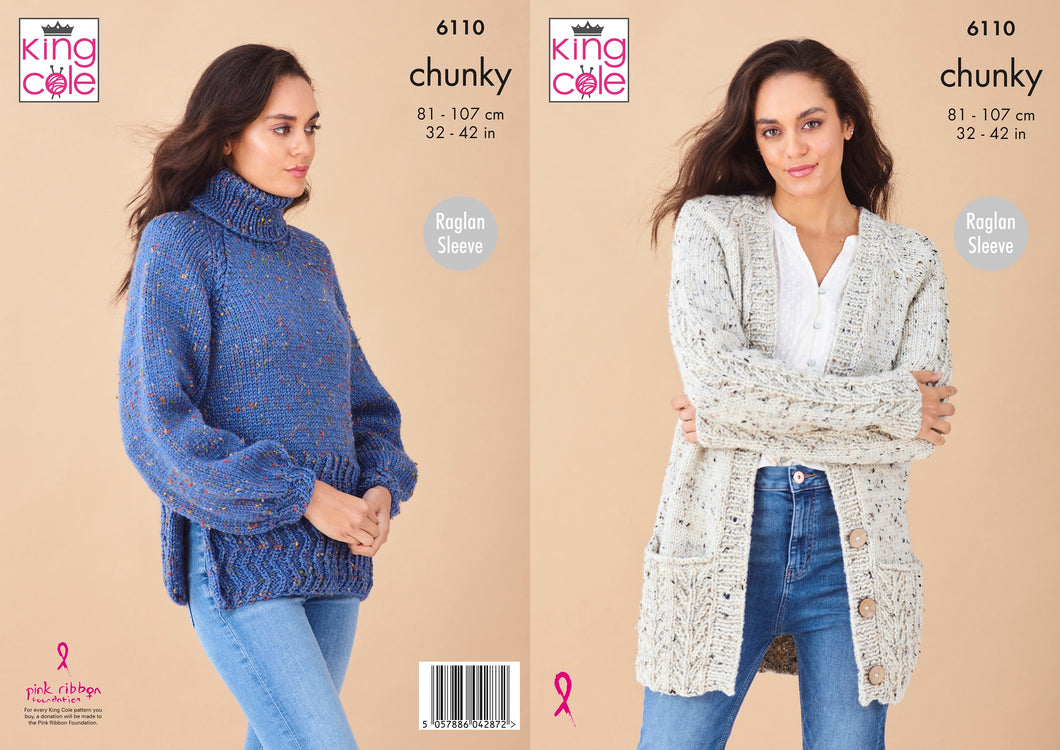 King Cole Chunky Knitting Pattern – Ladies Button Up Cardigan & Sweater (6110)