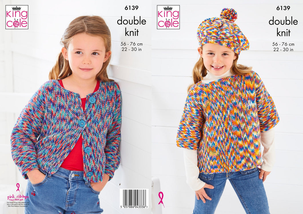 King Cole Knitting Pattern - Kids Overtop,Cardigan & Beret 6139