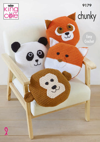 King Cole Crochet Pattern Animal Cushion Cover - Pandas, Monkey & Fox (9179)