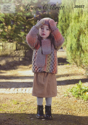 James Brett Chunky Knitting Pattern - Girls Jacket & Accessories (JB657)