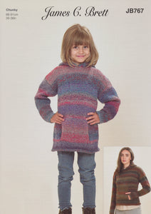 James Brett Chunky Knitting Pattern - Ladies & Girls Hoodies (JB767)