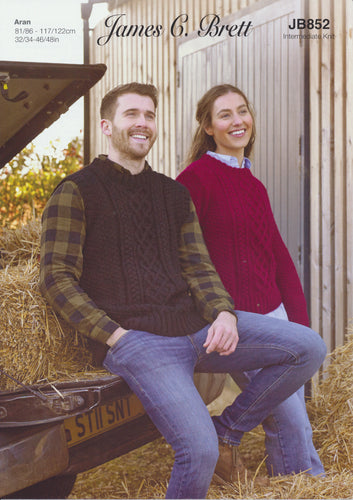 James Brett Aran Knitting Pattern - Ladies Sweater & Mens Slipover (JB852)