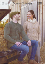 Load image into Gallery viewer, James Brett Aran Knitting Pattern - Ladies Cardigan &amp; Mens Sweater (JB853)