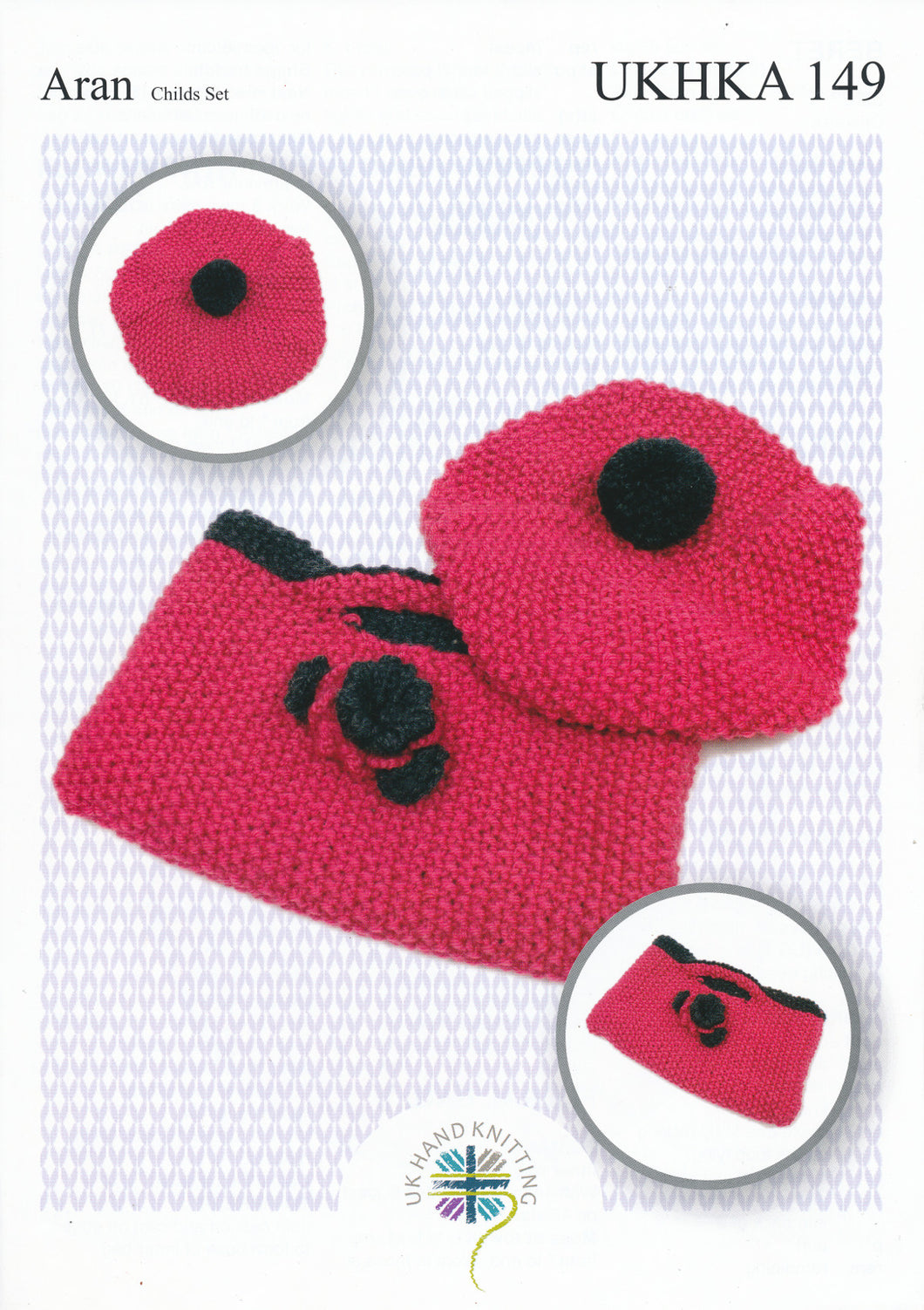 Aran Knitting Pattern for Girls Beret & Floral Bag Set (UKHKA 149)