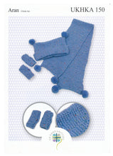 Load image into Gallery viewer, Aran Knitting Pattern for Pom Pom Hat Scarf &amp; Mittens Set (UKHKA 150)