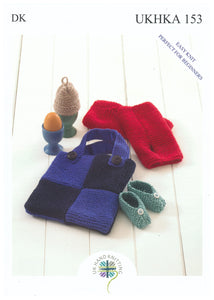 Double Knitting Pattern for Baby Shoes Egg Cosy Wrist Warmers & Bag (UKHKA 153)