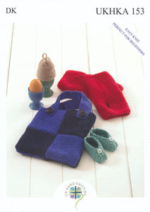 Double Knitting Pattern for Baby Shoes Egg Cosy Wrist Warmers & Bag (UKHKA 153)