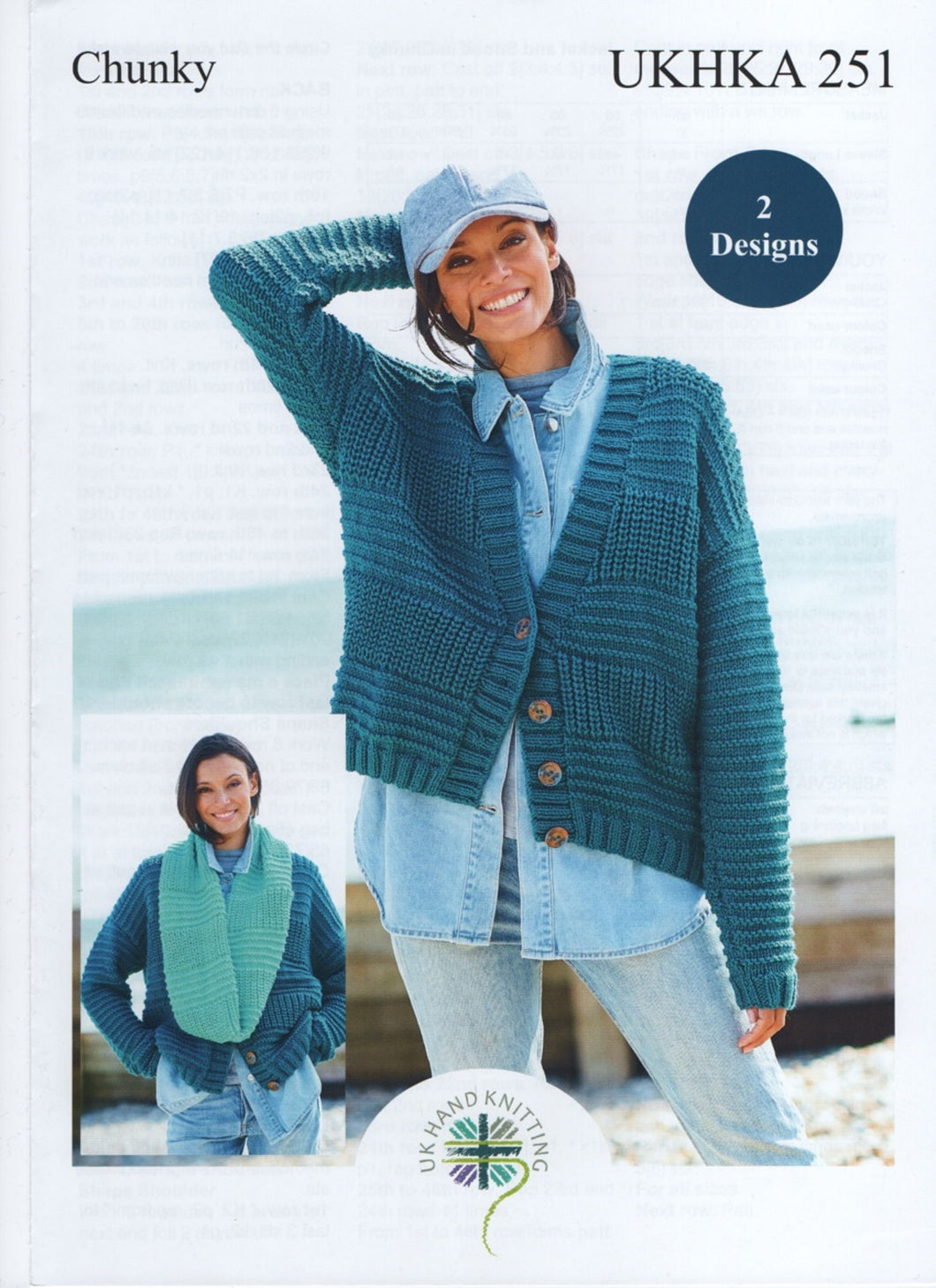 UKHKA 251 Chunky Knitting Pattern - Ladies Cosy Knit Long Sleeve Jacket & Snood