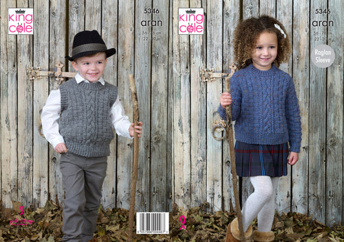 King Cole Aran Knitting Pattern - Childrens Sweater & Slipover (5346)