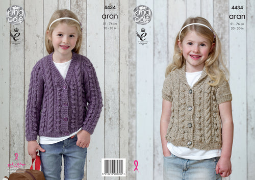 King Cole Aran Knitting Pattern - Girls Cardigans (4434)