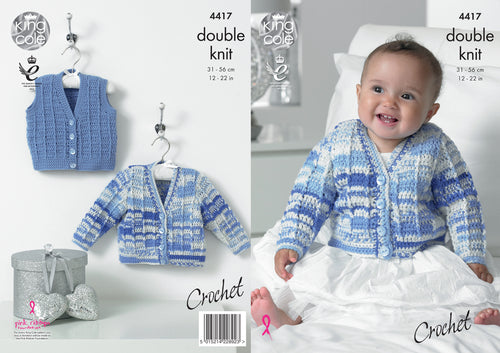 King Cole Double Knit Crochet Pattern - Baby V Neck Cardigan & Waistcoat (4417)