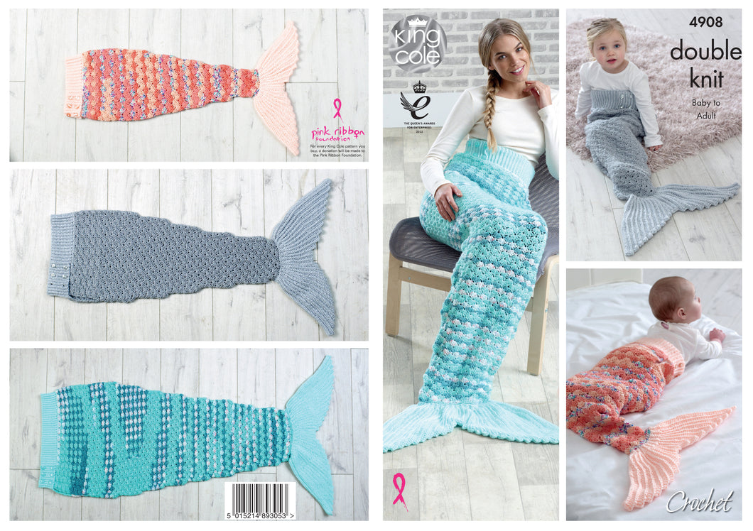 King Cole DK Crochet Pattern - Baby to Adult Mermaid Blankets (4908)