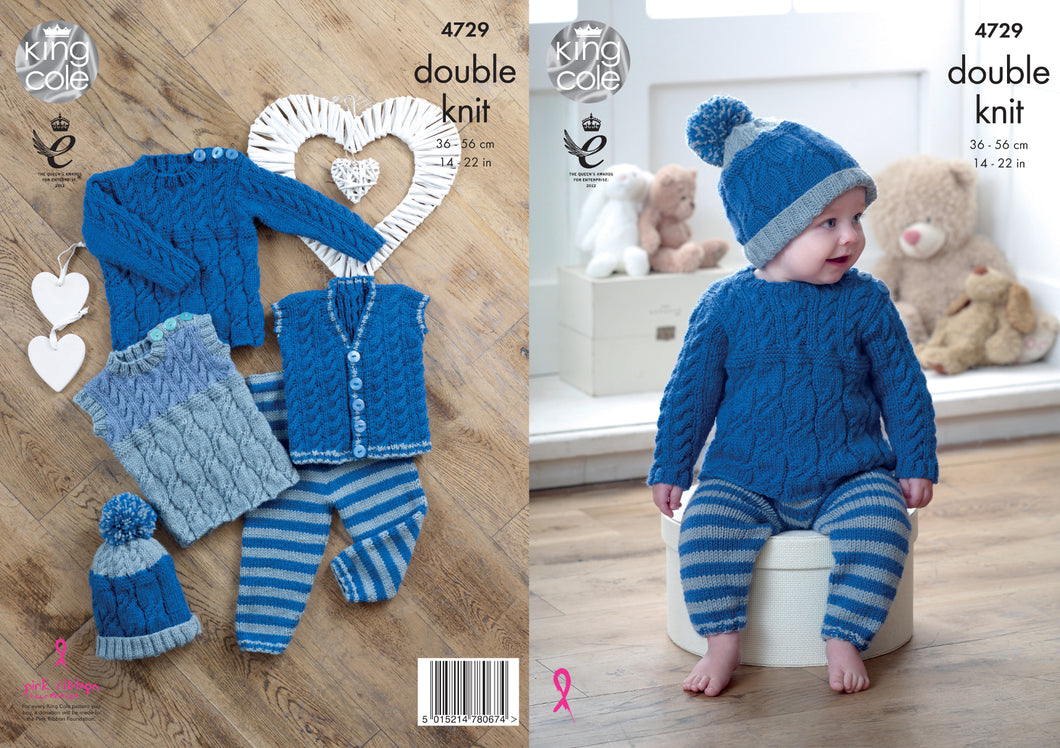 King Cole Double Knitting Pattern - Baby Tops Leggings & Hat Set (4729)