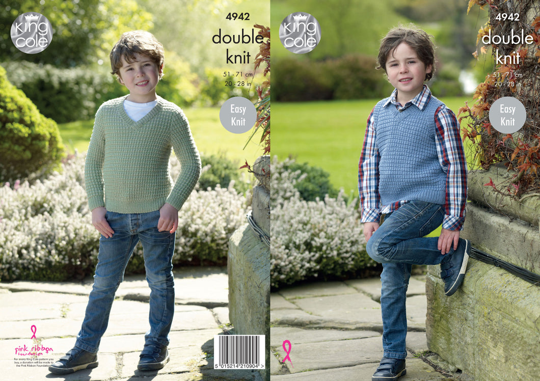 King Cole Double Knitting Pattern - Boys Sweater & Slipover (4942)