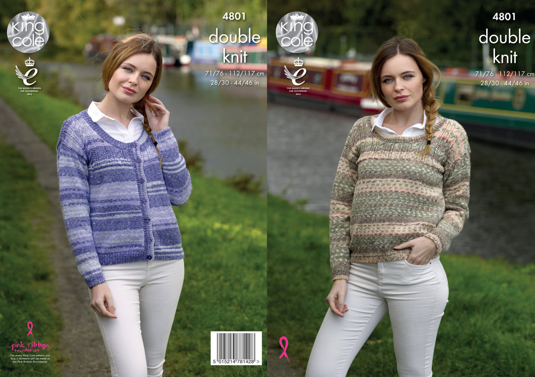 King Cole Double Knitting Pattern - Ladies Sweater & Cardigan (4801)