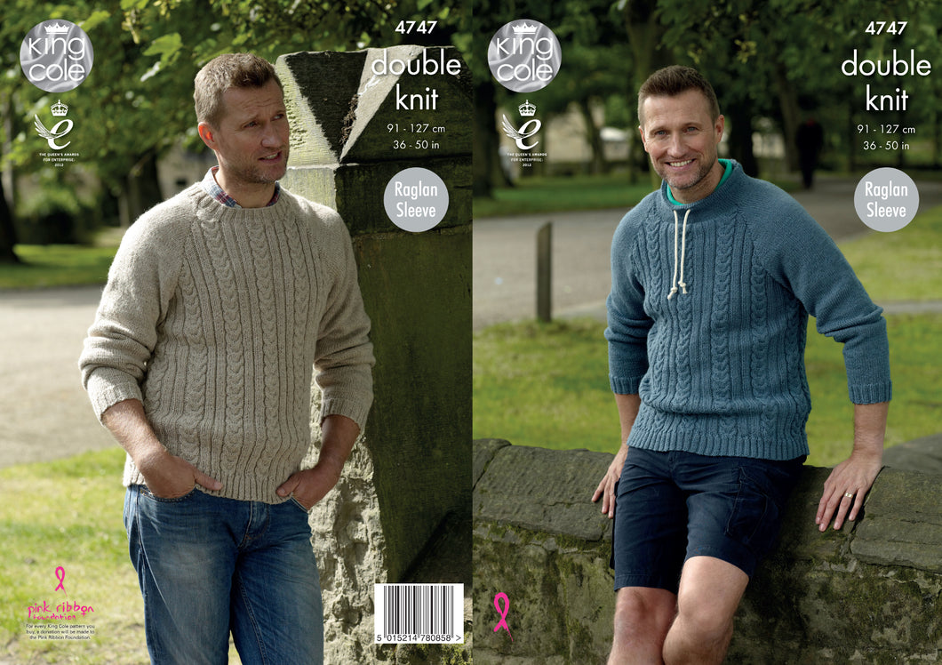 King Cole Double Knitting Pattern - Mens Round or Stand Up Neck Sweater (4747)