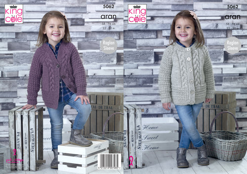 King Cole Aran Knitting Pattern - Girls Cardigans (5062)