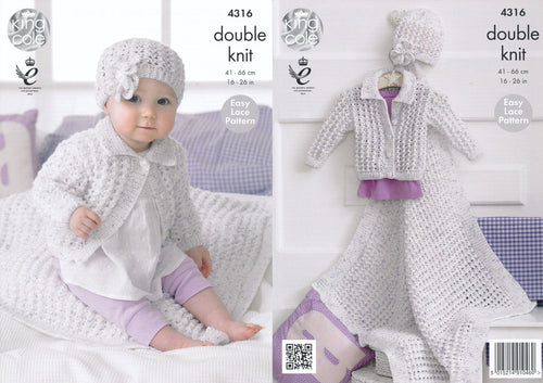 King Cole Double Knitting Pattern - Baby Cardigan Blanket & Flower Hat (4316)