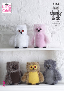 King Cole Tinsel Chunky Knitting Pattern - Owls (9114)