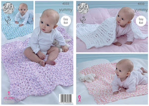 King Cole Yummy Knitting Pattern - Baby Blankets (4533)