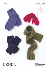 Load image into Gallery viewer, Aran Yarn Knitting Pattern for Kids Mittens Leg Warmers &amp; Scarf (UKHKA 142)